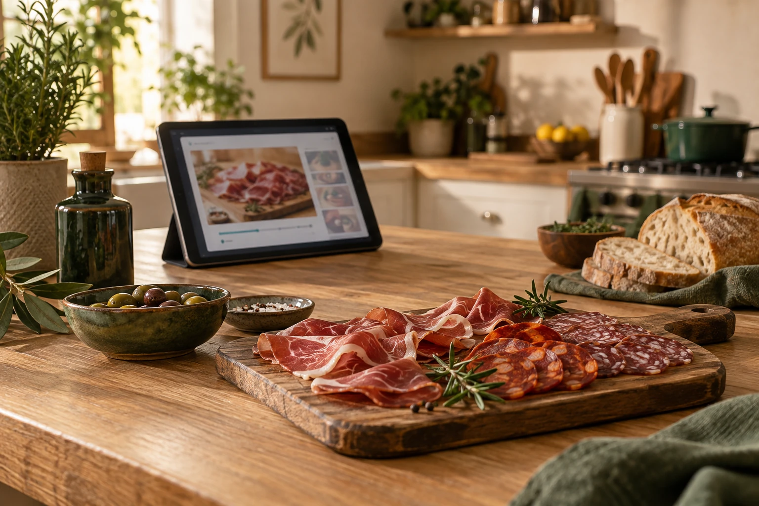 Tablet e tábua de charcutaria numa cozinha doméstica