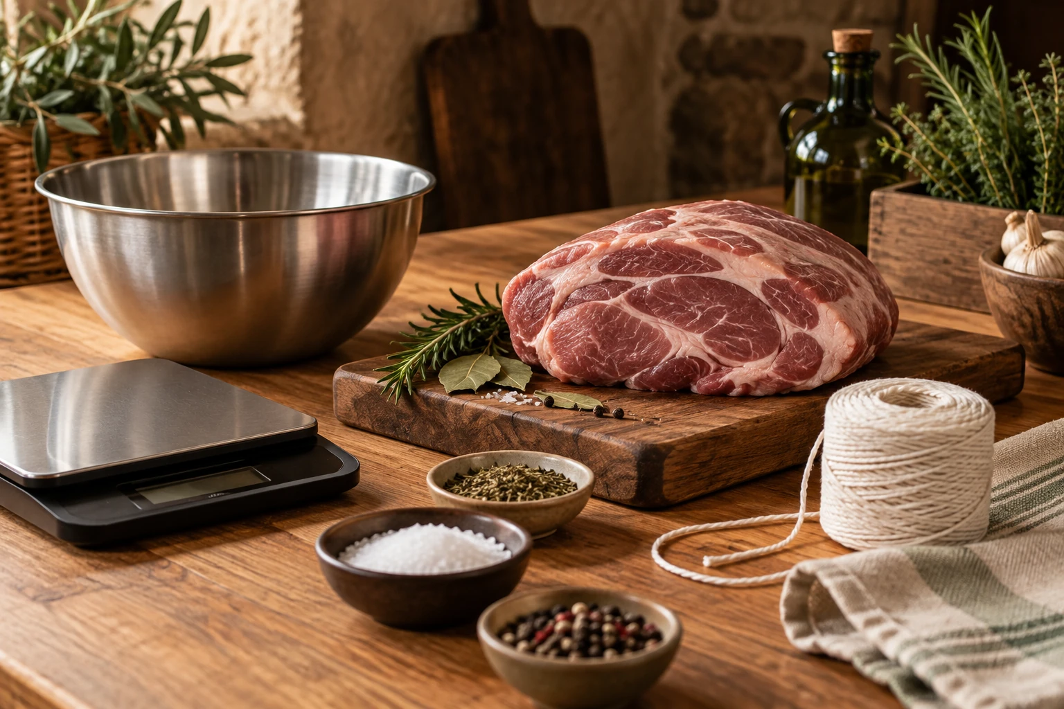 Bancada com balança, utensílios e carne organizada para preparação